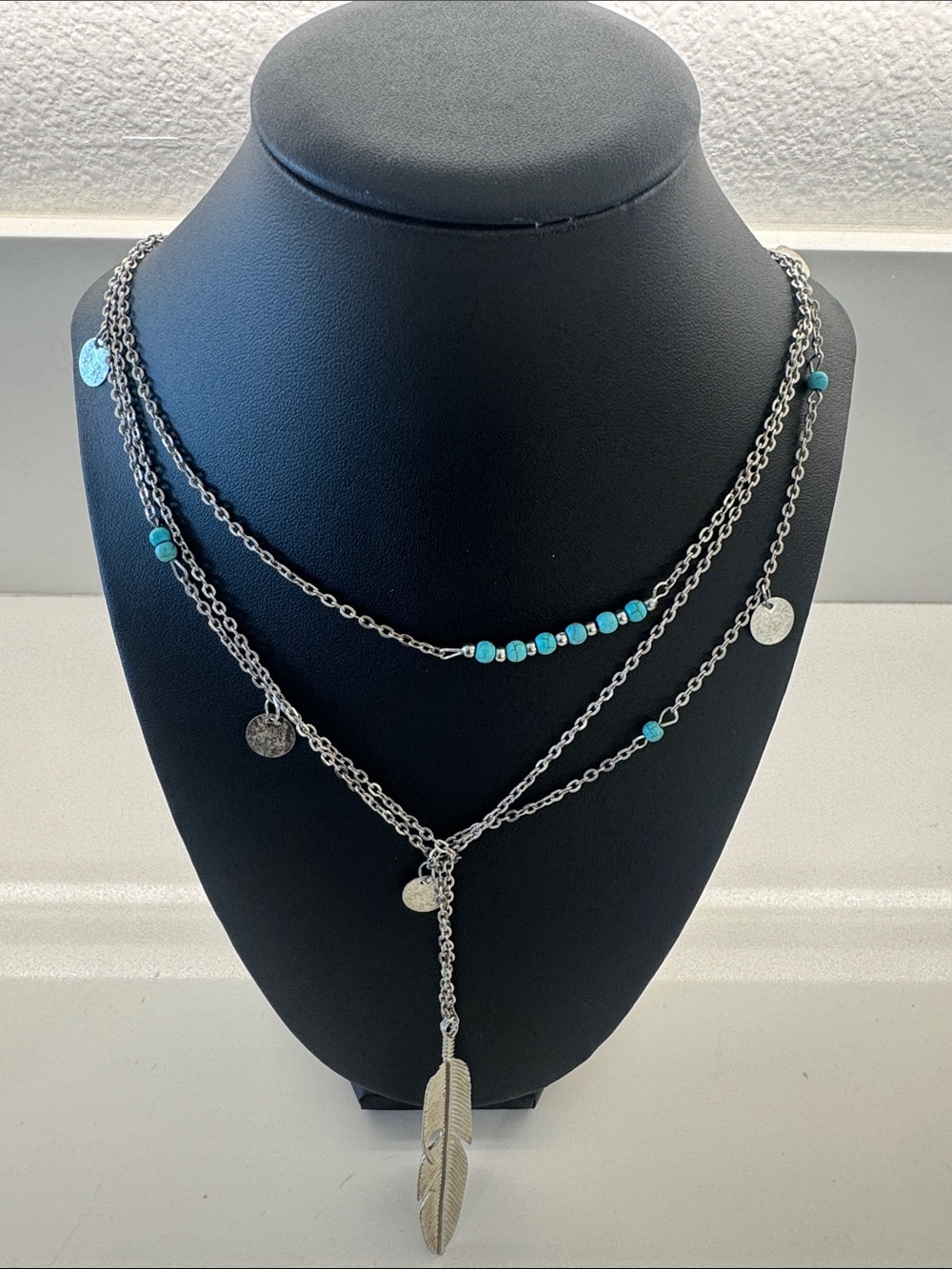 Layered Silver-Tone Necklace with Turquoise Beads and Feather Pendant